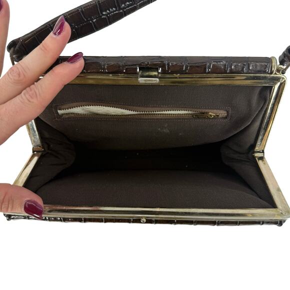 Vintage Brown Faux Croc Top Handle Purse 60s 70s Frame Bag Structured Handbag - Picture 5 of 6